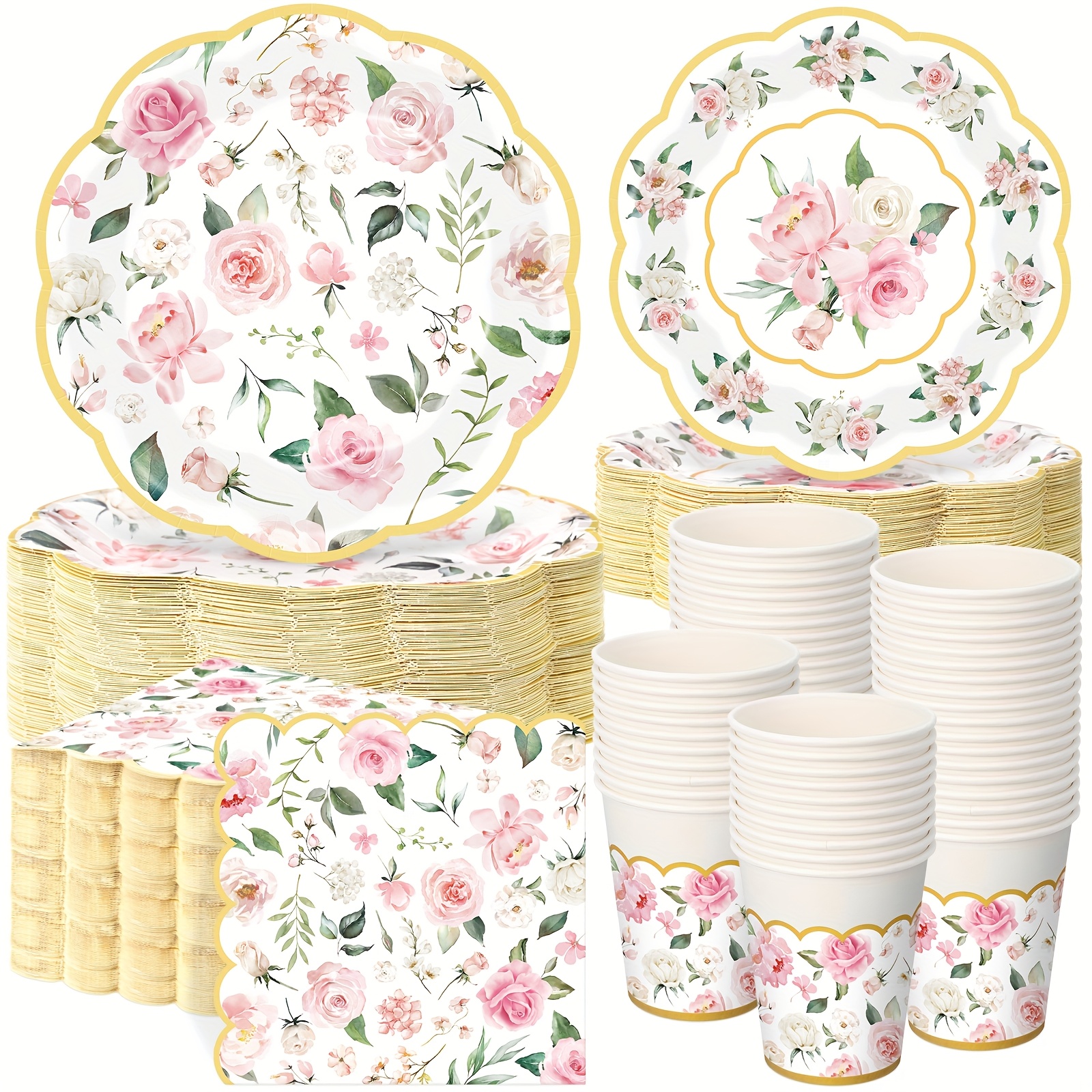 TEMU 250 Pcs Floral Party Decorations Flower Paper Plates Napkins And Cups Pink And Golden Floral Disposable Tableware Set For Bridal Shower Baby