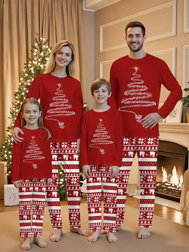 Pyjama Famille Noël En Coton | Ensemble Manches Longues à Motifs De Noël | Taille S à XXXXL Pour Femme, Homme, Enfant
