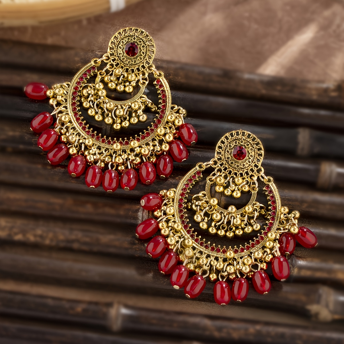 

2pc Bohemian Vintage Style, Large Alloy Golden Handmade Bell Tassel Earrings, Posts In Red, Black, Coffee Option, Banquets, Stage Parties, Travel Accessory, Birthday Gift For Mom, Gifts For Eid