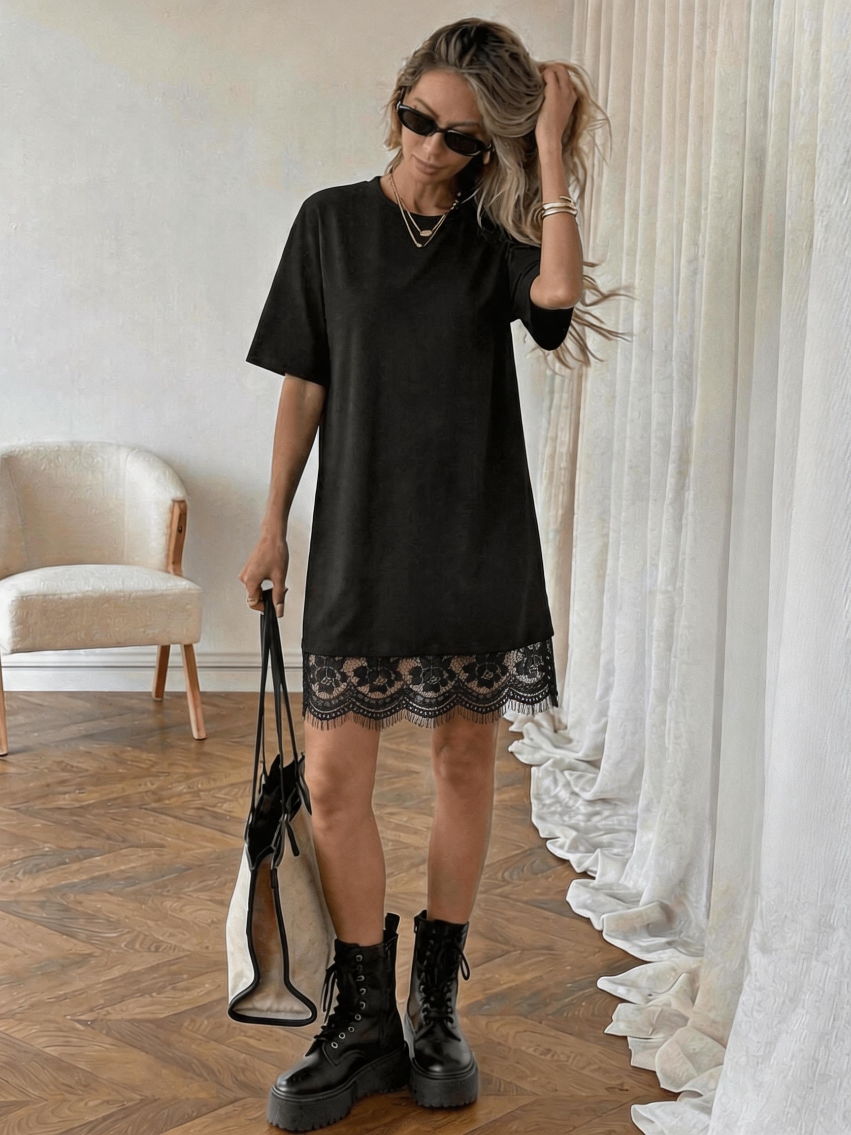 round neck short sleeve loose black t shirt dress elegant