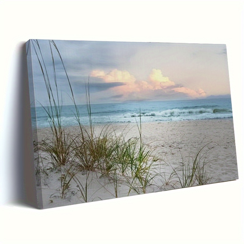 

Beach Landscape Oil Painting With Wooden Frame, Wall Art Printmaking For Home Decor, Ready To Hang Holiday Gift For Her