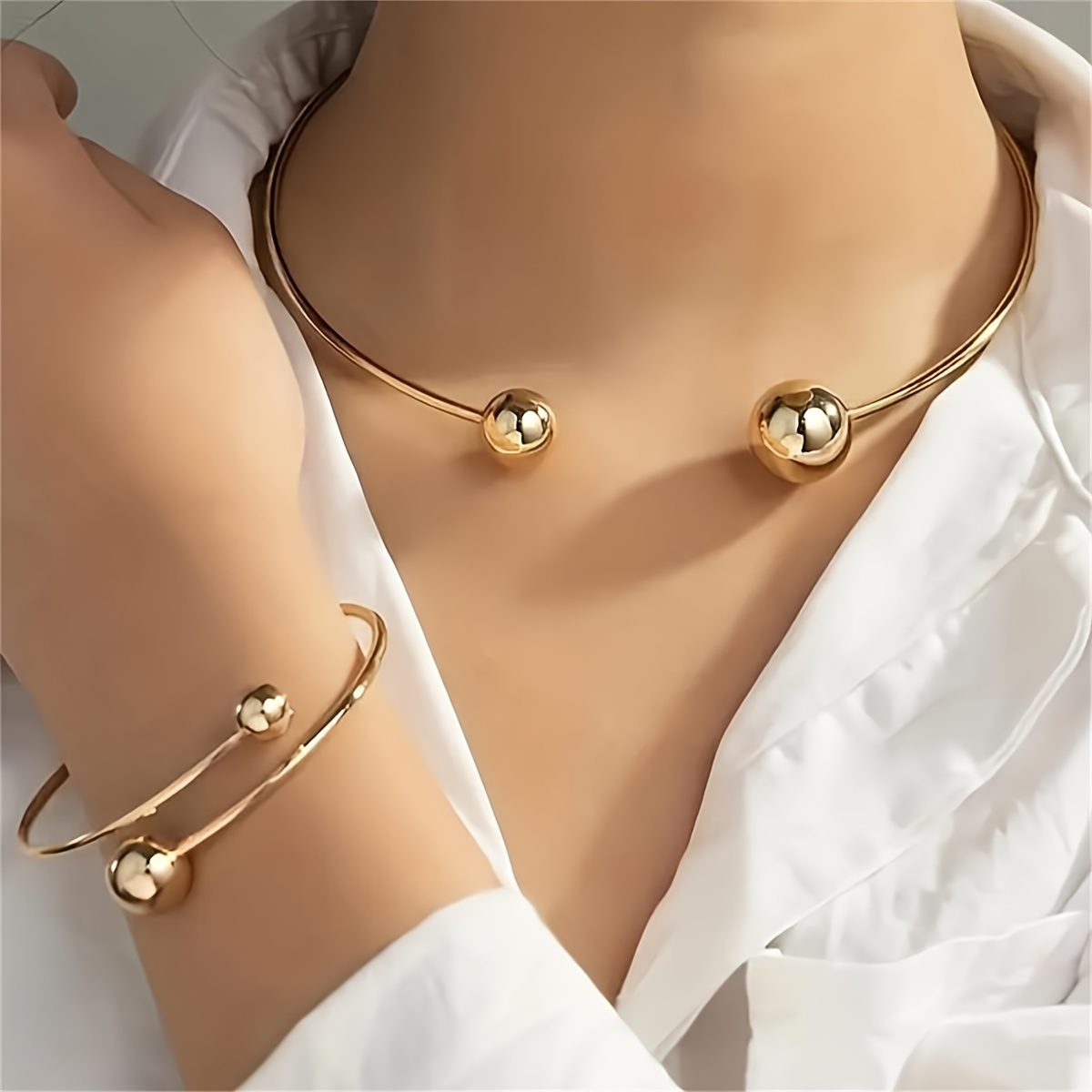 

Elegant Simple Adjustable Open Cuff Necklace And Bracelet Set, 18k Gold Plated Iron Jewelry For Daily And Vacation Wear