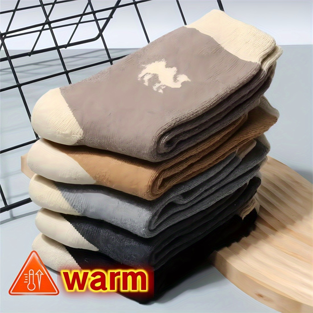 5 Pairs Men's Camel Pattern Thick Warm Crew Socks, Comfortable Casual Blend Knit Socks, Christmas Gift, Keeping Your Feet Warm This Winter