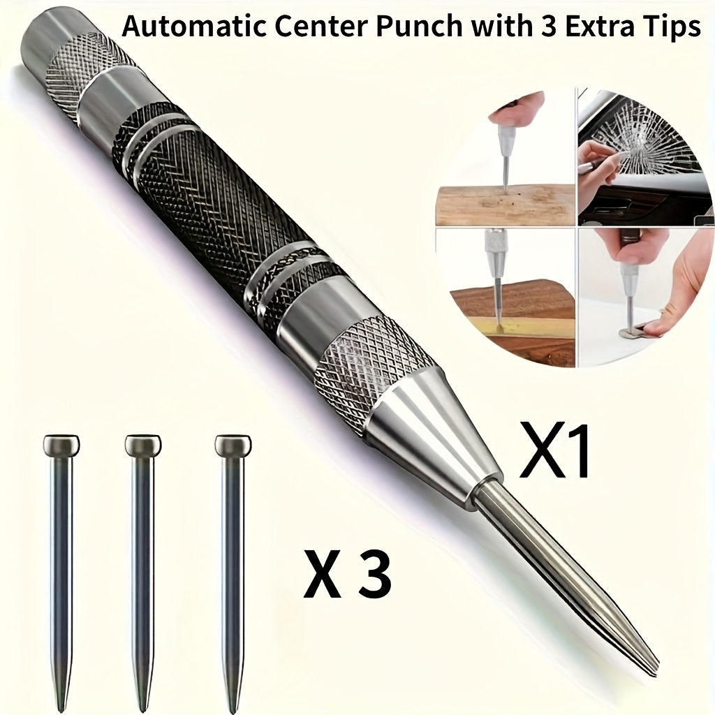 TEMU 1 Set Of Automatic Center Punch With 3 Parts - 5.0-inch Heavy-duty Spring Punch Tool, Adjustable Tension, Rust-resistant, Polished, Round Head,