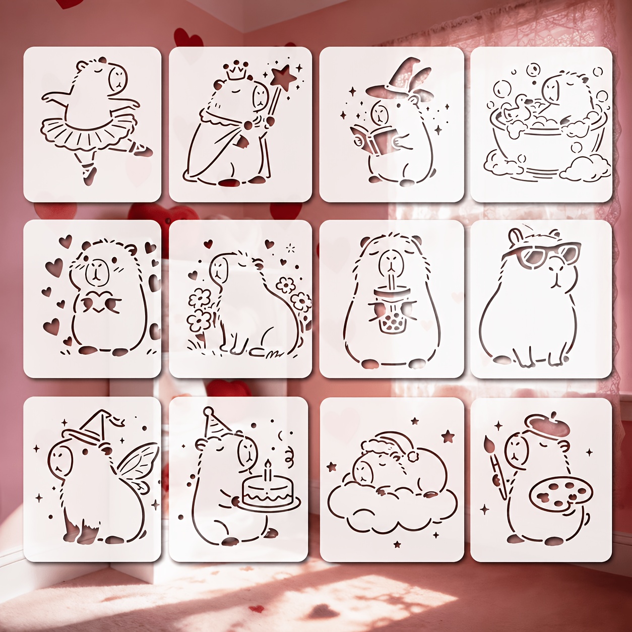 TEMU 12pcs Gabarits de Capybara Réutilisables, Adaptés à la Peinture, l'Artisanat, Mural, , et les Gabarits de Dessin de