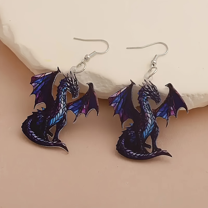TEMU A Set Of Stylish Vintage-inspired Earrings Featuring Colorful Flying Dragons - Suitable For Anyone, With Blue And Purple Patterns Along With And