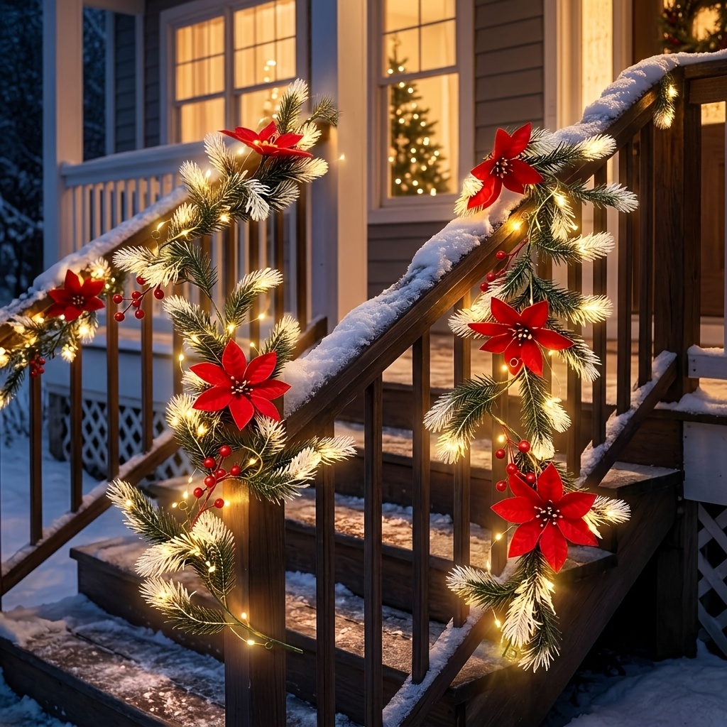 TEMU Guirlande de Noël artificielle pré-éclairée 175 cm/68,9 po, guirlande de pin floquée avec rouges et rouges, LED blanches chaudes, décoration de