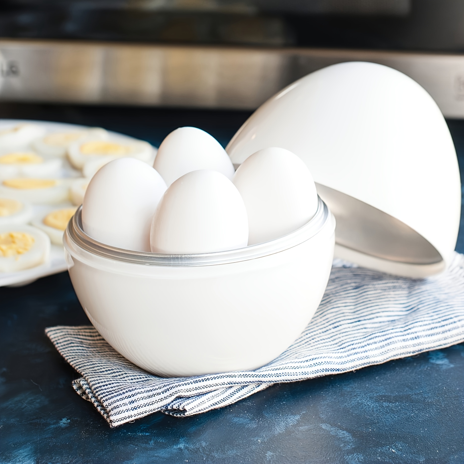 

Compact 4-egg Microwave Cooker – Hard Eggs, Space-saving , White Ceramic With Metal Lid, Kitchen Cookware|spacesaving Kitchenware|ceramic Egg Cooker, Microwave Egg Cooker