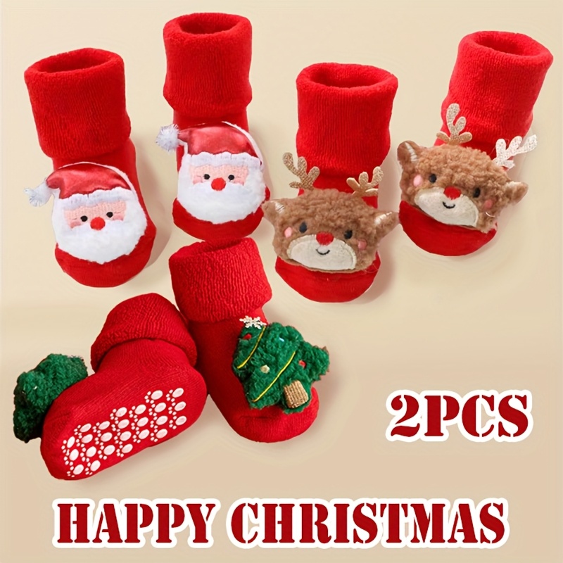 2-Pack 'Baby Eerste Stapjes Kerstsokken met Pluche Karakter (Kerstman/Eland) & Antislip Zool - Warme Winterachtige Schoenen voor Rode & Groene Feestoutfits