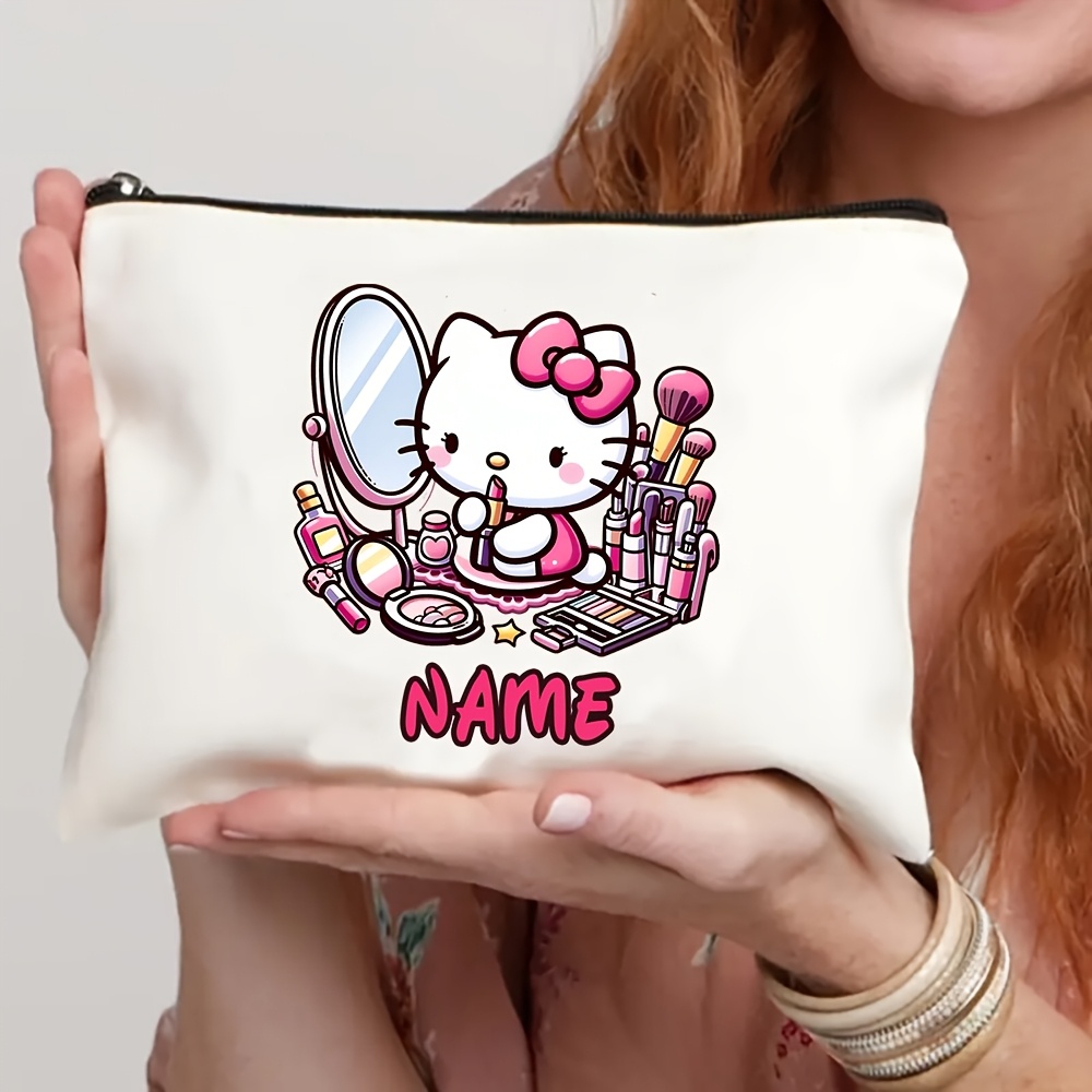 TEMU Custom Hello Kitty Makeup Bag - Personalized Name, Black Polyester Cosmetic Pouch With Pink Bow & Mirror Design, Zippered Travel Toiletry Organizer - Ideal Birthday Or Party Gift