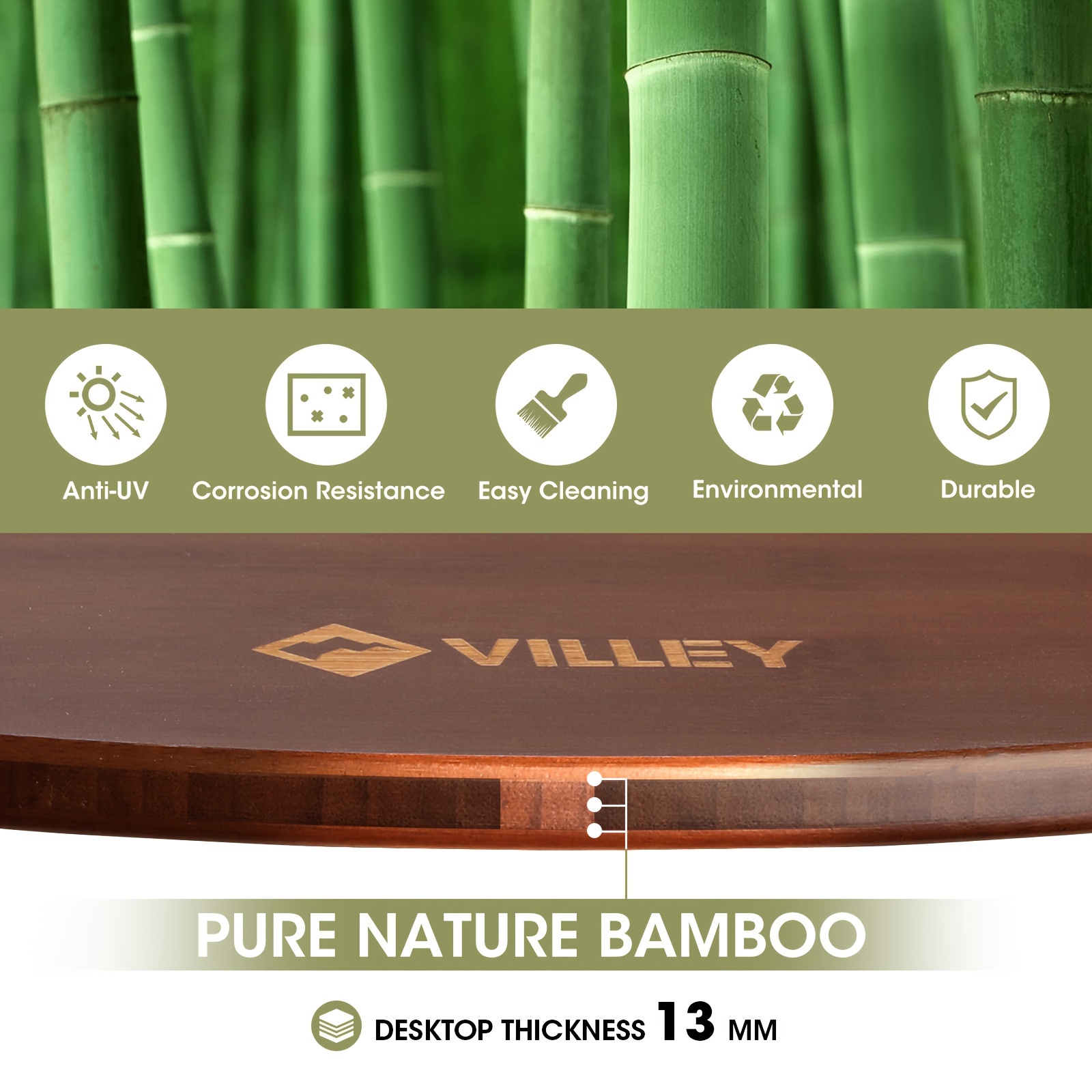 VILLEY Bamboo Round Folding Table, Camping Half-Fold Portable Table with Carrying Bag for Indoor And Outdoor Picnic Coffee Barbecue Beach Card Game