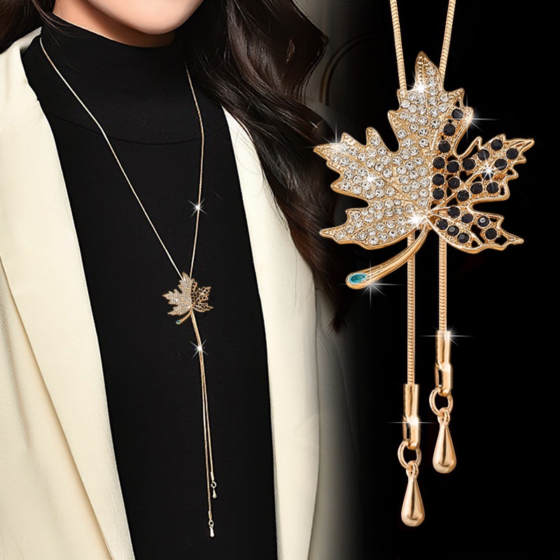 Autumn Winter New Luxury High-end Rhinestone Maple Leaf Sweater Chain Tassel Leaf Long Necklace All- Accessory