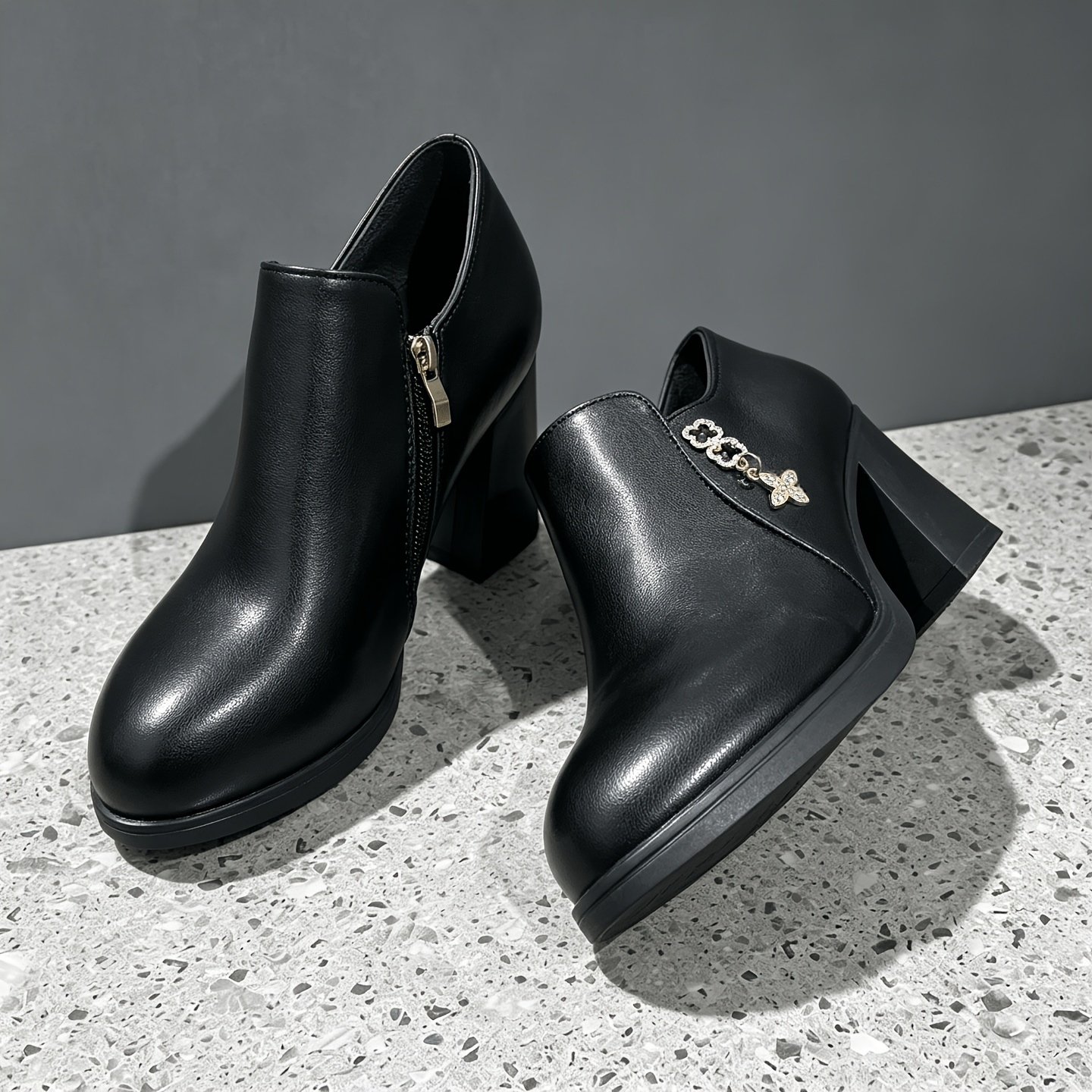 TEMU Women's Deep Mouth Single Shoe, Side Zipper Rhinestone Pendant Shoe, Commuter Office Shoe For Middle-aged Mothers, Comfortable Mid-heel Formal