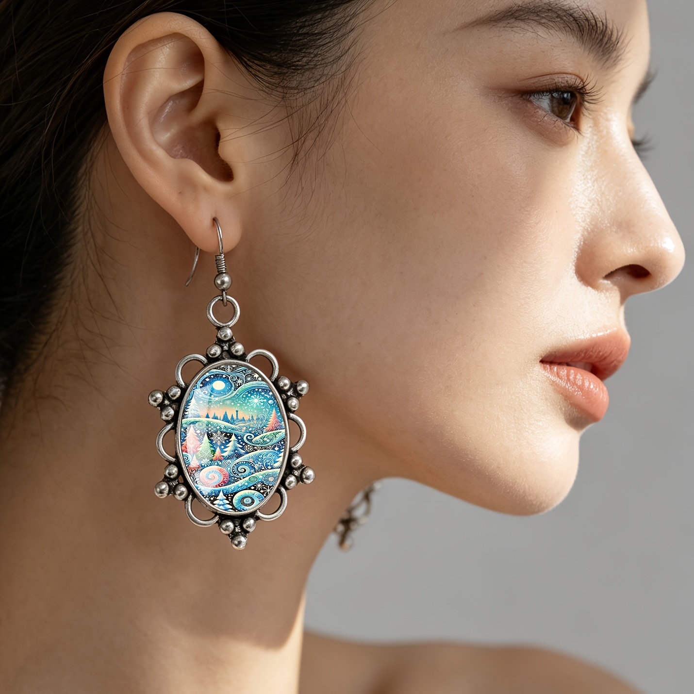 Men's Christmas Snow Scene Patterned Oval Earrings