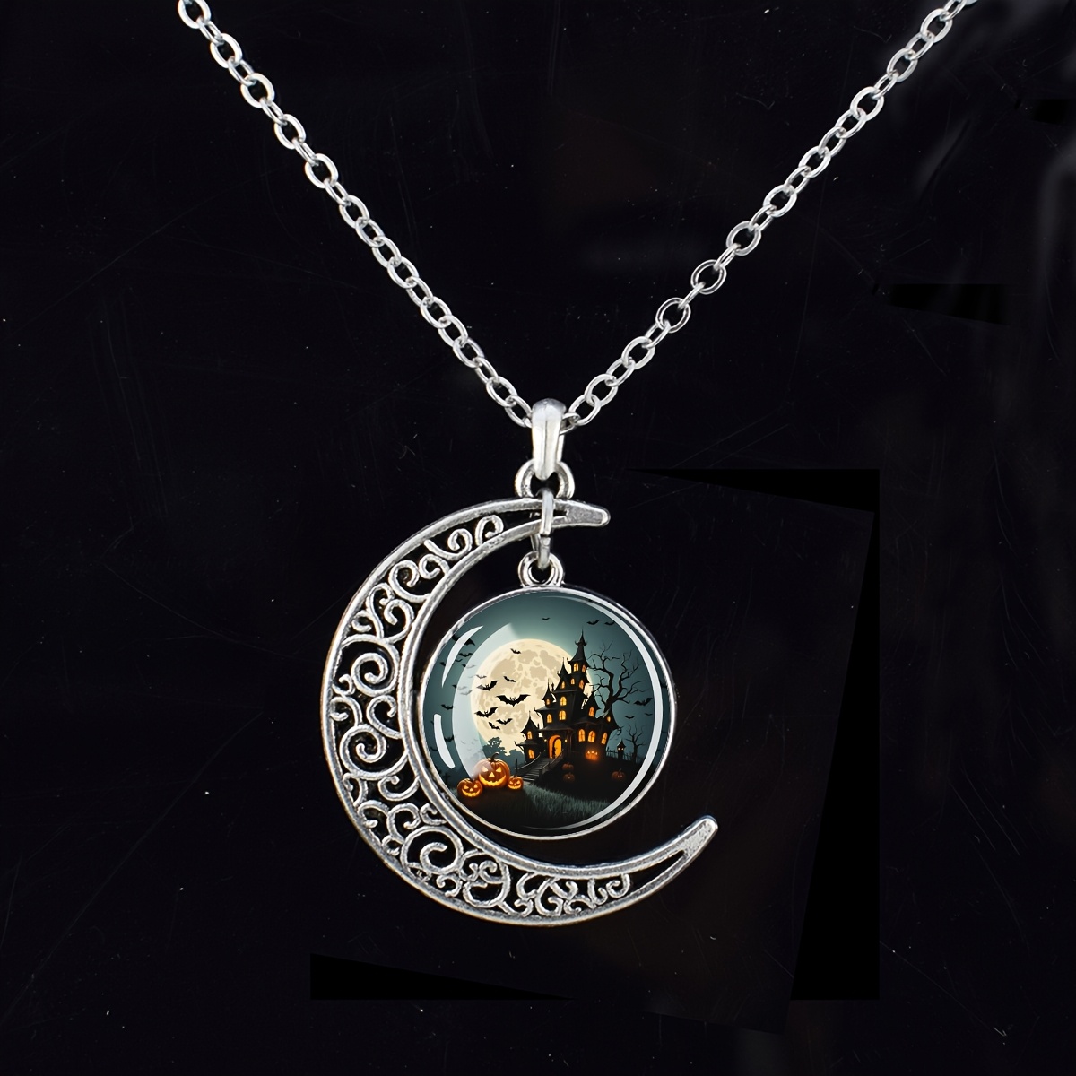Hollowed-Out Crescent Moon Necklace with Haunted House Pendant