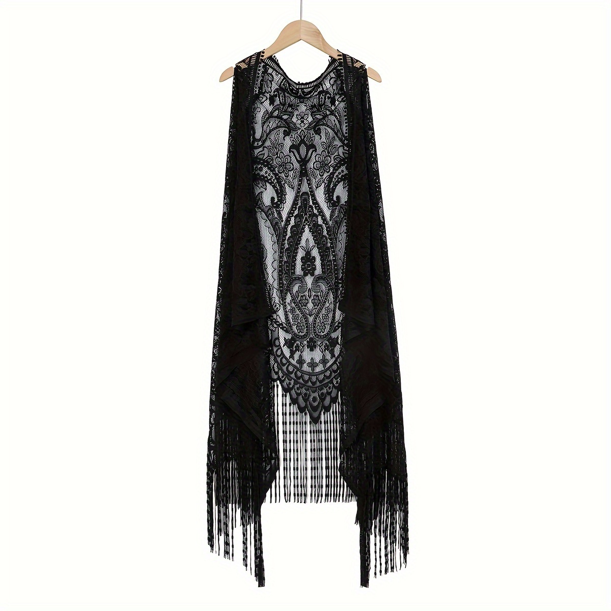 Image of Elegant Lace Vest For Women, Hollow-out Long Fringe Outerwear, Decorative Thin Cardigan With Stylish Versatile Eyelash Trim