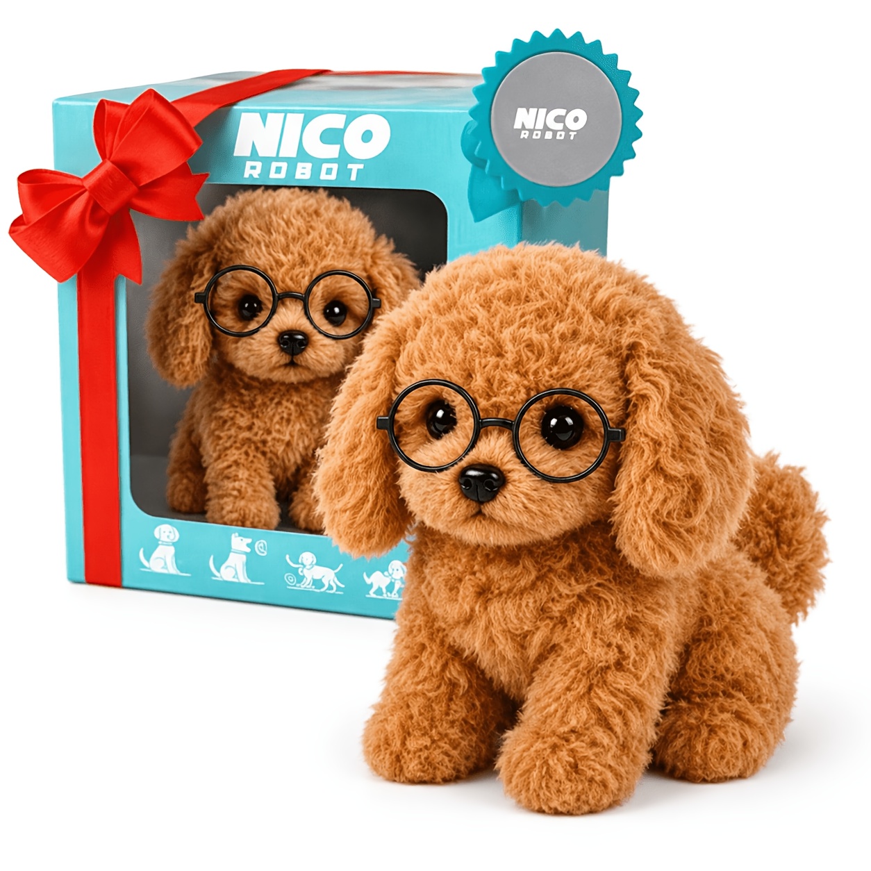 TEMU Teddy Brown Gift Set Walking Puppy Toy Gift Box, Cute Plush Dog, Christmas Birthday Present