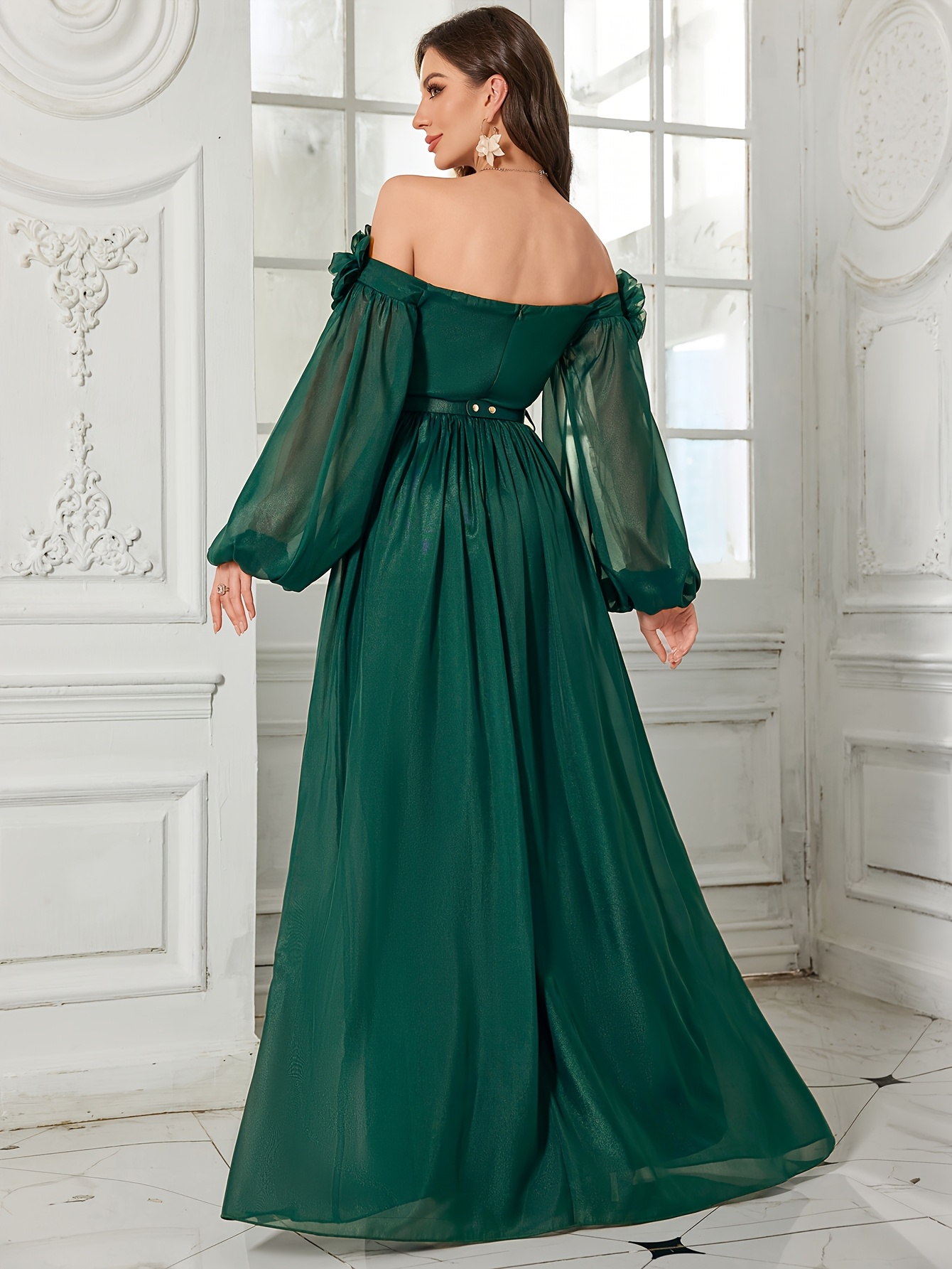 chinese dress ladies Illusion Pearl Off Shoulder Bubble Sleeve Chiffon Wedding Dress
