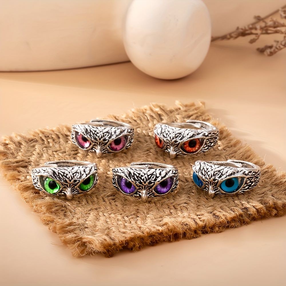 

5-piece Set Vintage Owl Rings With Colorful Eyes, Adjustable Open Band, Unisex Jewelry For Parties And Gatherings