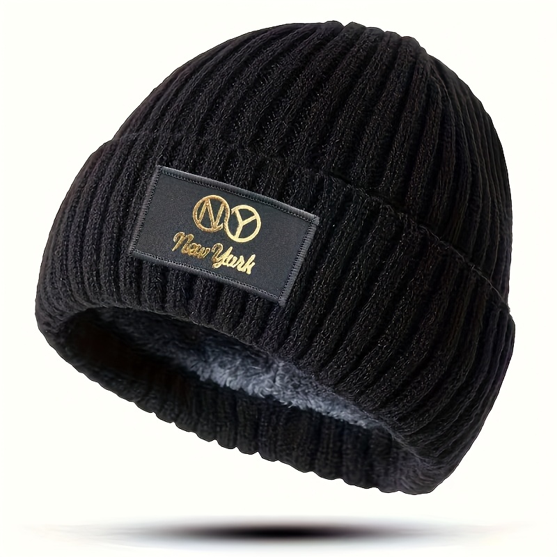 TEMU Unisex Golden-foil Embossed Embroidered -lined Knitted Hat, A Lightweight And Stylish Elastic Winter Ski Hat, Suitable For Daily Casual Wear,