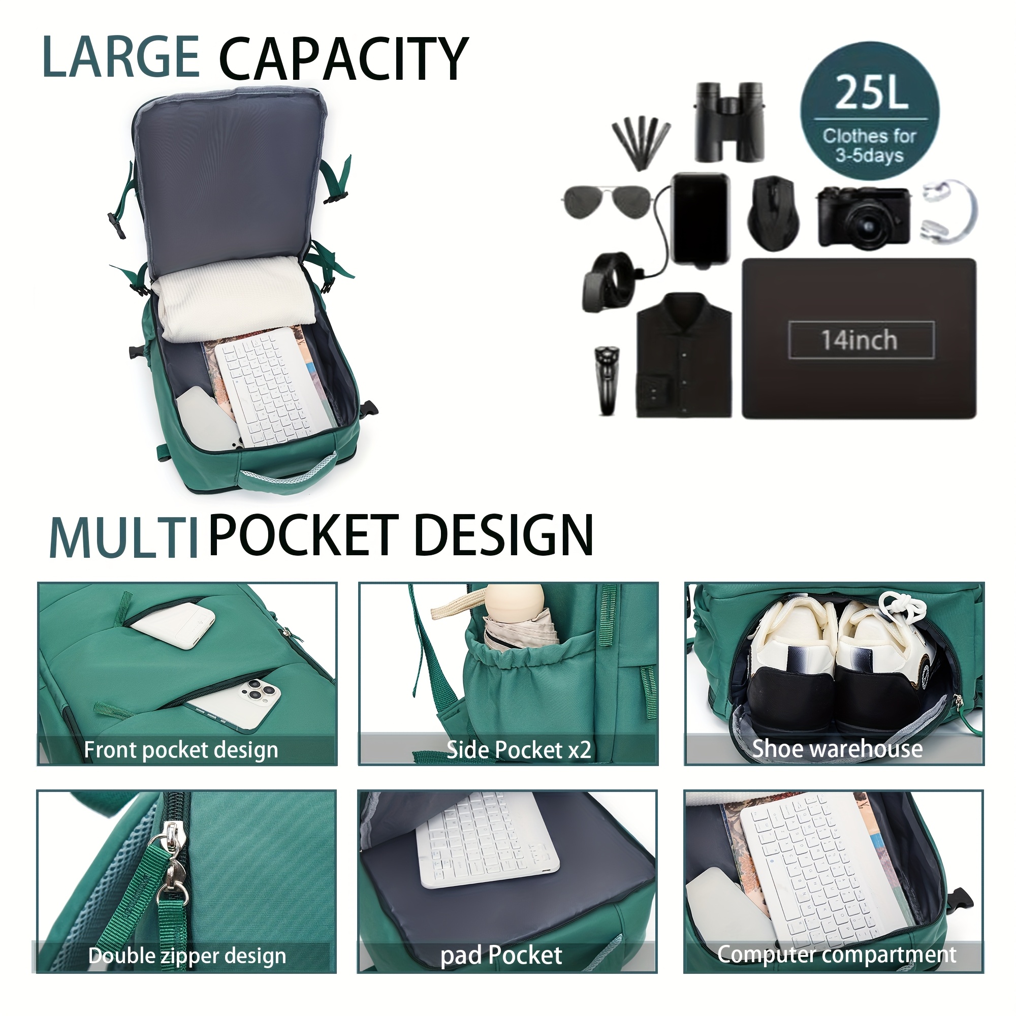 Bolso de viaje ligero, mochila convertible de gran capacidad con compartimento para zapatos, bolso antirrobo para hombres y mujeres, estilo deportivo, material Oxford, apertura de 180°, equipaje multifuncional para viajes cortos