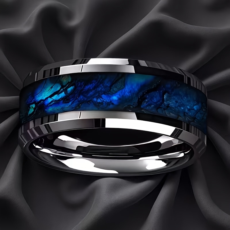 TEMU Anillo de boda para hombre de acero inoxidable plateado de 8 mm con incrustación texturizada azul y escalonado para un ajuste