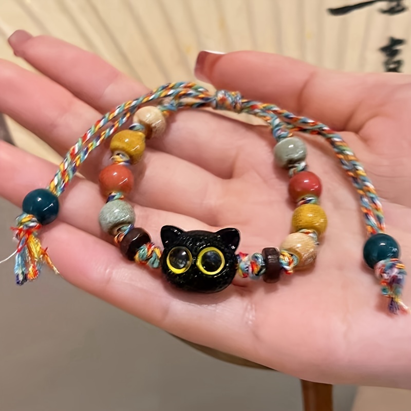 

Chic Ceramic Cat Charm Bracelet With Braided Rope - Gothic Style Accessory For All