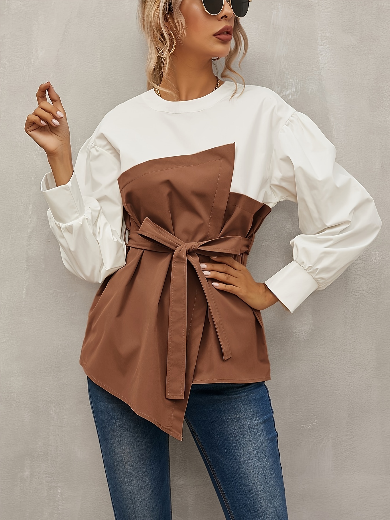 Elegant Special Spring Autumn Elegant Contrast Patchwork Fake Two-Piece
