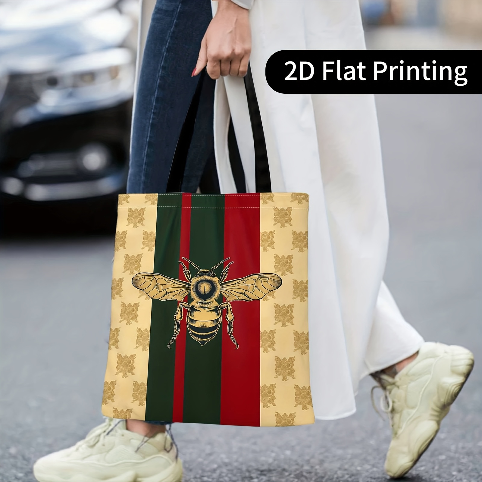 TEMU 1pc Multicolor Tote Bag With & Red/green Striped Print - Double-sided Shoulder Bag Suitable For Parties, Festivals, Shopping, Gift For, Picnic,