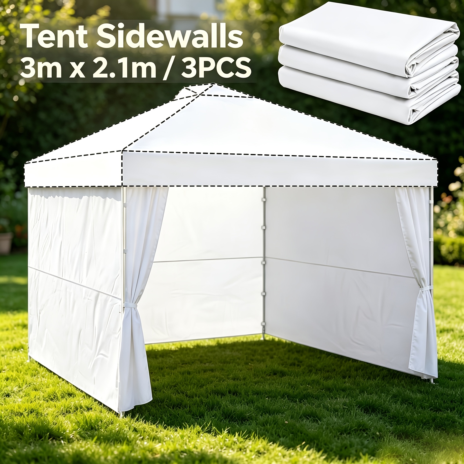 Image of Tent Side Cover X 2.1m/3pcs, Camping Tent Side Cover, Suitable For 3x3m/3x6m Tents, White, Zippered Tent Cover - 2 Zippers In Total, No Windows