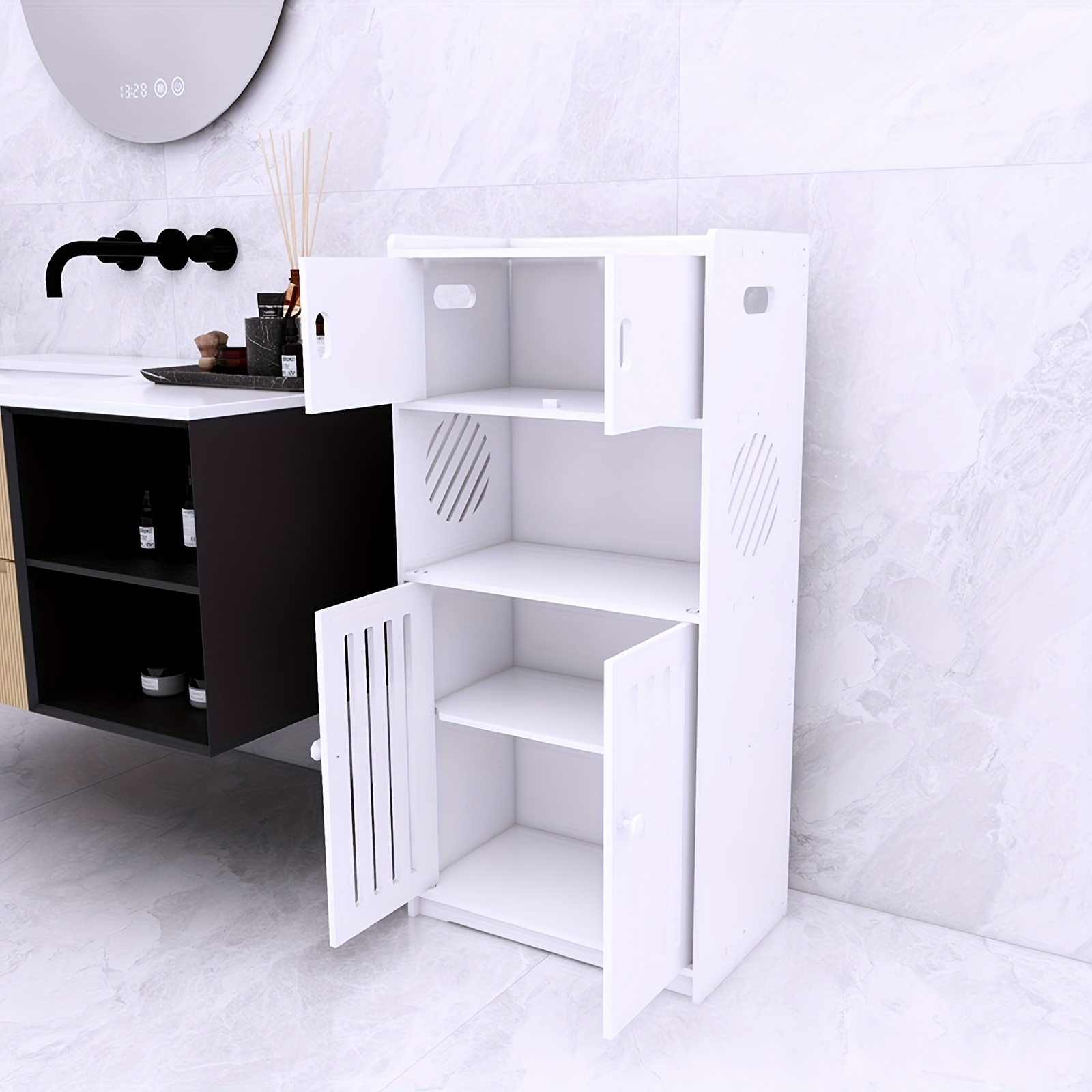 Image of White Tall Storage Cabinet | 4-tier Floor-standing Bathroom Organizer With | (36x22x75cm) | Space- Design For Towels, Toiletries And Laundry | Durable And Versatile Shelving Unit