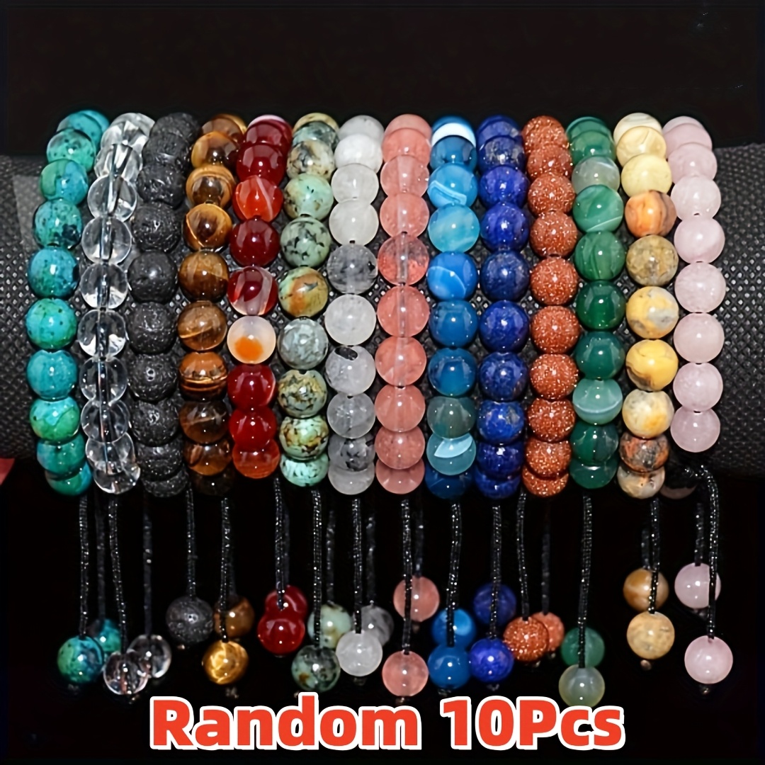TEMU 10pcs Natural Stone Cry Bracelets Set For Women, Braided Adjustable Beads Bangle - Fashionable Handmade Party Jewelry Gift, Daily Wear (random