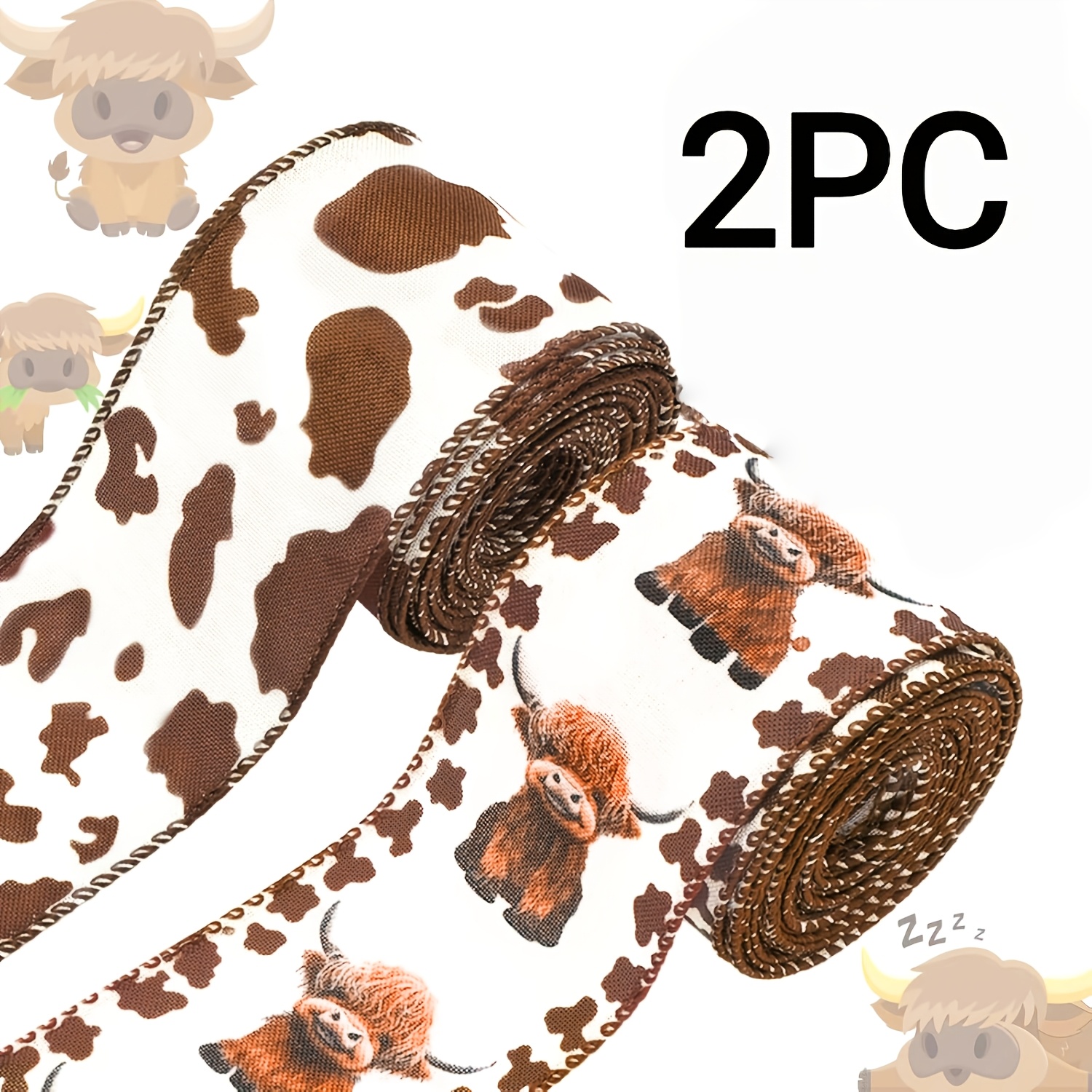 TEMU 2 Rolls Of Brown Cow-patterned Ribbon With Wire Edges, 6.4cm In Width, 3 Yards In Total Length, Suitable For Farm Decorations, Event Party