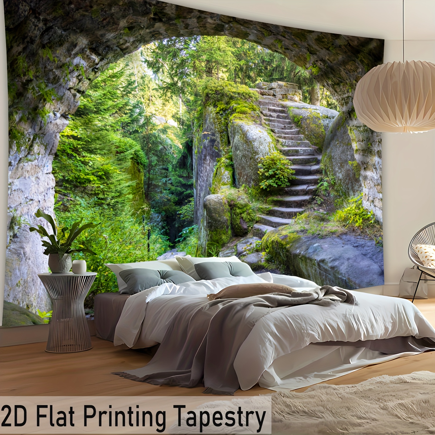 2D Plat - 2D Plat - 1 pièce de tapisserie imprimée 2D surdimensionnée représentant une grotte, des arbres et des marches de pierre en haute définition - Fabriquée en fibre de polyester - pour la décoration intérieure - Aucune installation requise