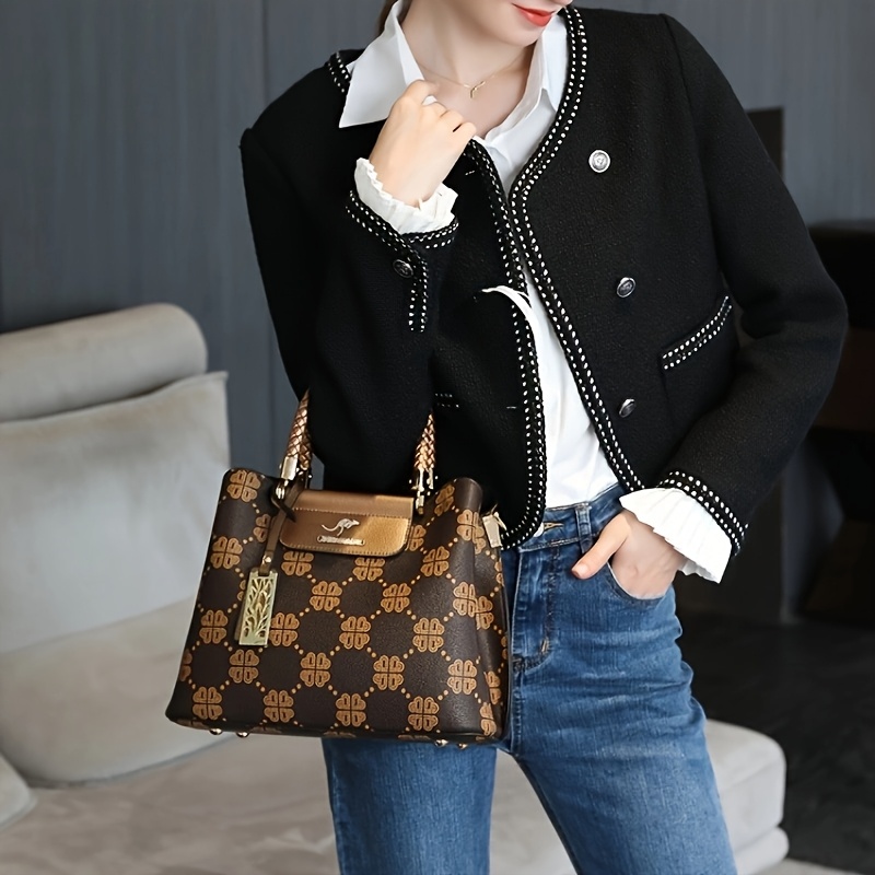 womens light luxury animal print tote bag genuine leather high quality handbag with detachable shoulder strap zipper closure large capacity for commuting work travel copper wine red work handbag elegant bucket bag polyester lined Product details 4