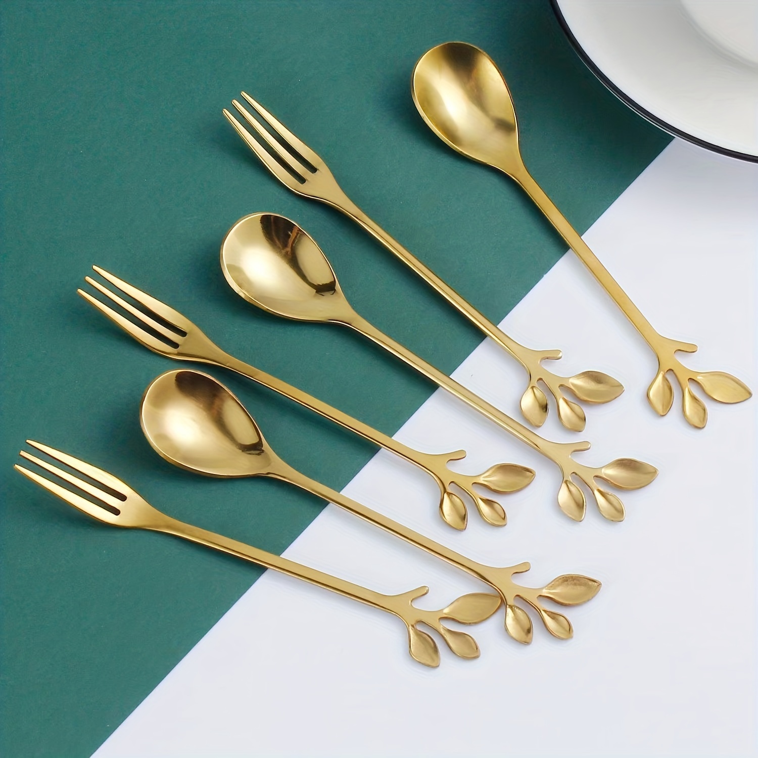 10pcs golden stainless steel cherry   spoons and forks   utensils spoons forks dining entertaining flatware details 4