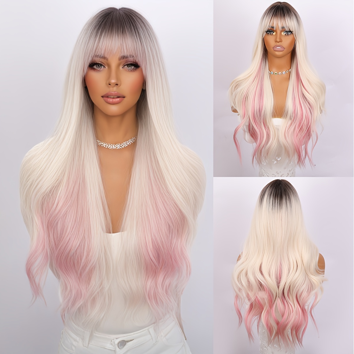 TEMU Elegant 28-inch Ombre White & Pink Wig For Women - High Density, Heat Resistant Synthetic Hair With Bangs, & Parties