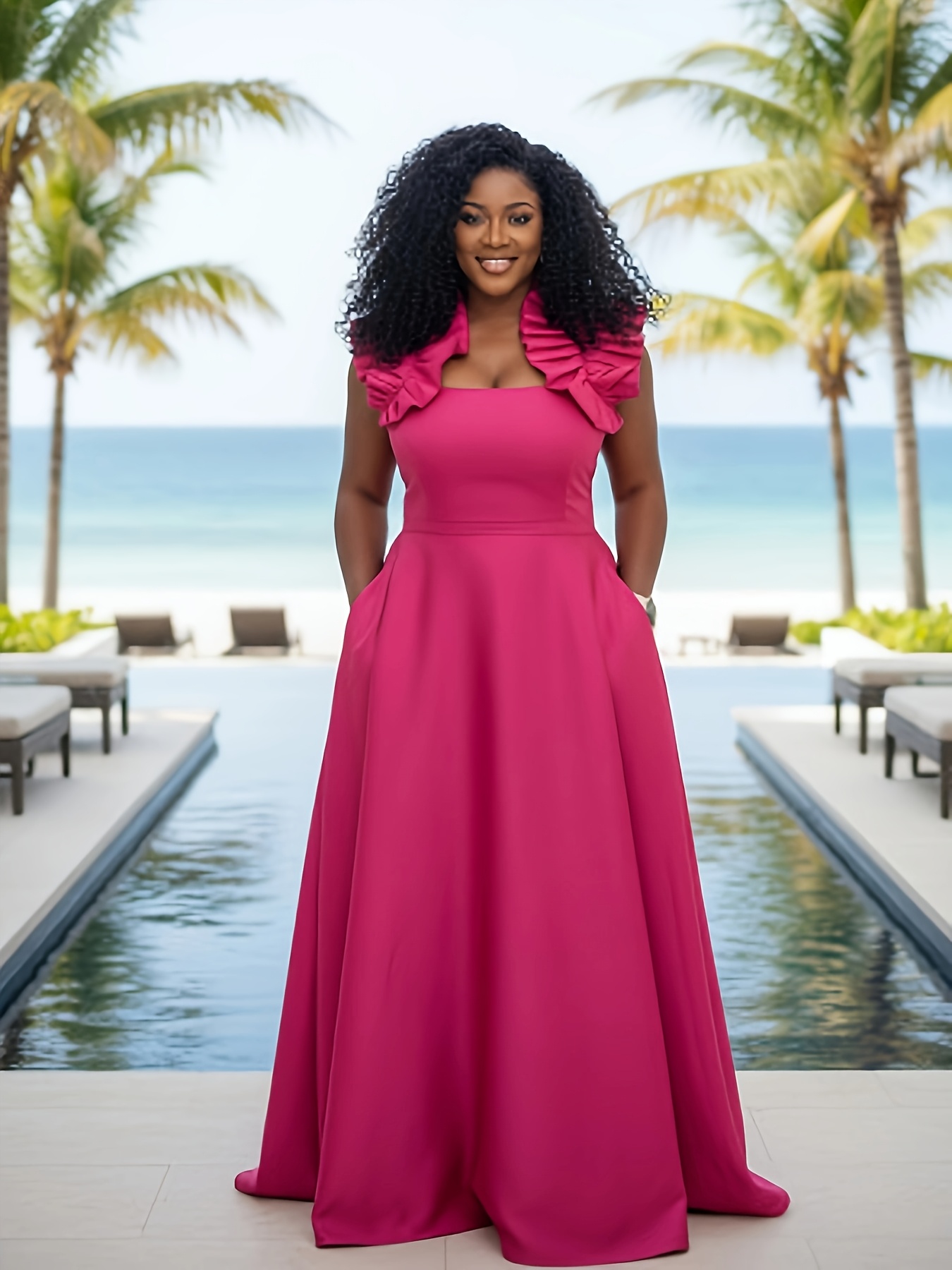 Plus Size, Women' Plus-Size Square-Neck Halter Waist-Fitting Dress -  Elegant Ruffle Hem Long Formal Gown Suitable for Weddings, Dinners &  Vacations, Spring/Summer Wedding Guest Dress, Hand Washable ...