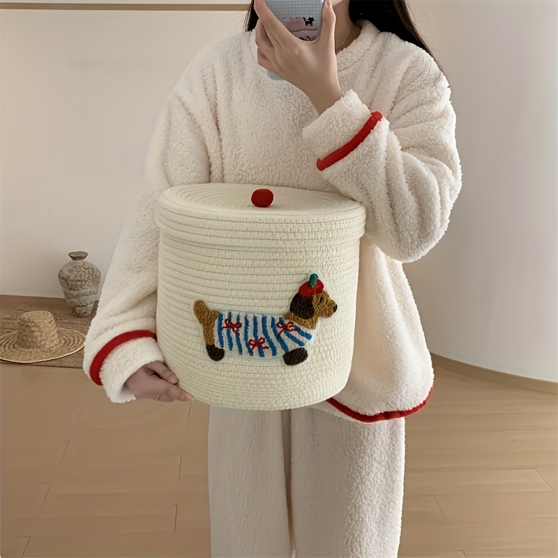 Image of 1 Modern Large Capacity Dustproof Storage Basket, Holiday Decorative Organizer With Lid, Woven Rope , Suitable For Home, Multifunctional Lidded Household Items Bin, Shelf Basket, Ornament Storage