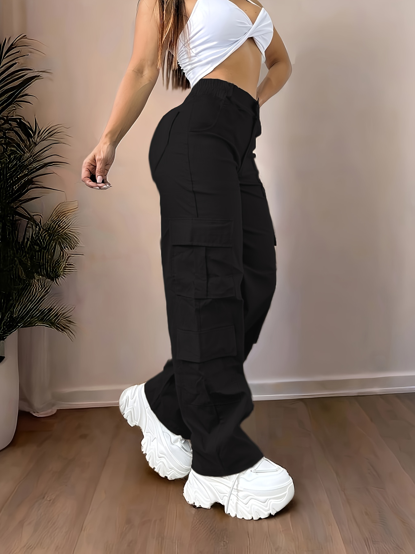 christmas   style womens casual loose cargo pants y2k comfortable elastic waist multi pocket long pants black 1