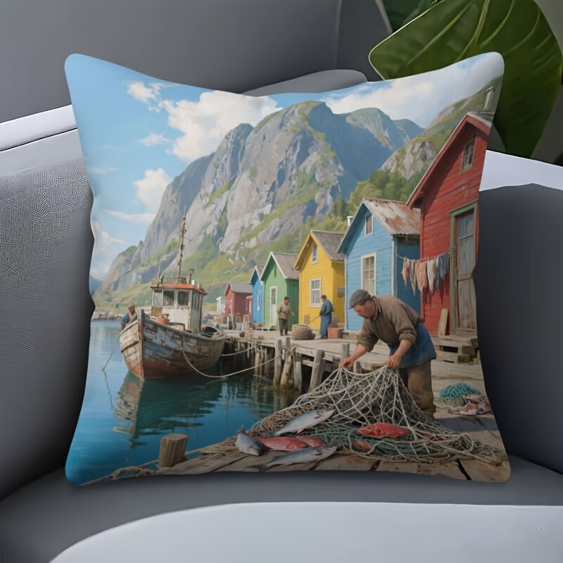 TEMU 1pc Nautical Fishing Boat & Fisherman Cushion Cover - Double-sided Zipper Closure Pillowcase, Machine Washable Suitable For Bedroom, Living Room