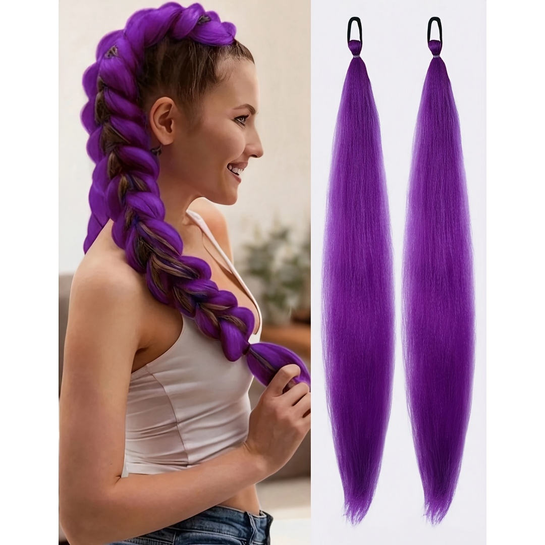28 Inch Purple Braided Wig With Elastic Women's Hair Extensions, Ombre Purple Braided Ponytail, Synthetic Material