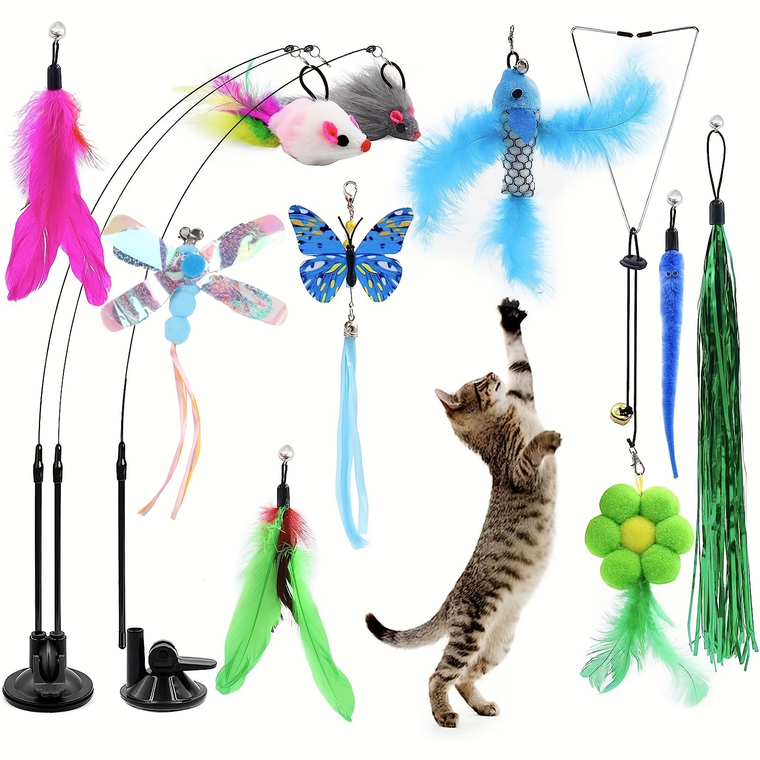 

13pcs Beijita Cat Toy Set For Indoor Fun - Includes 2 Suction Cups, 10 Feather Wands & Refills, 3 Flexible Teaser Springs - & Interactive Play Kit For Kittens And Cats, Cat Toys For Indoor Cats