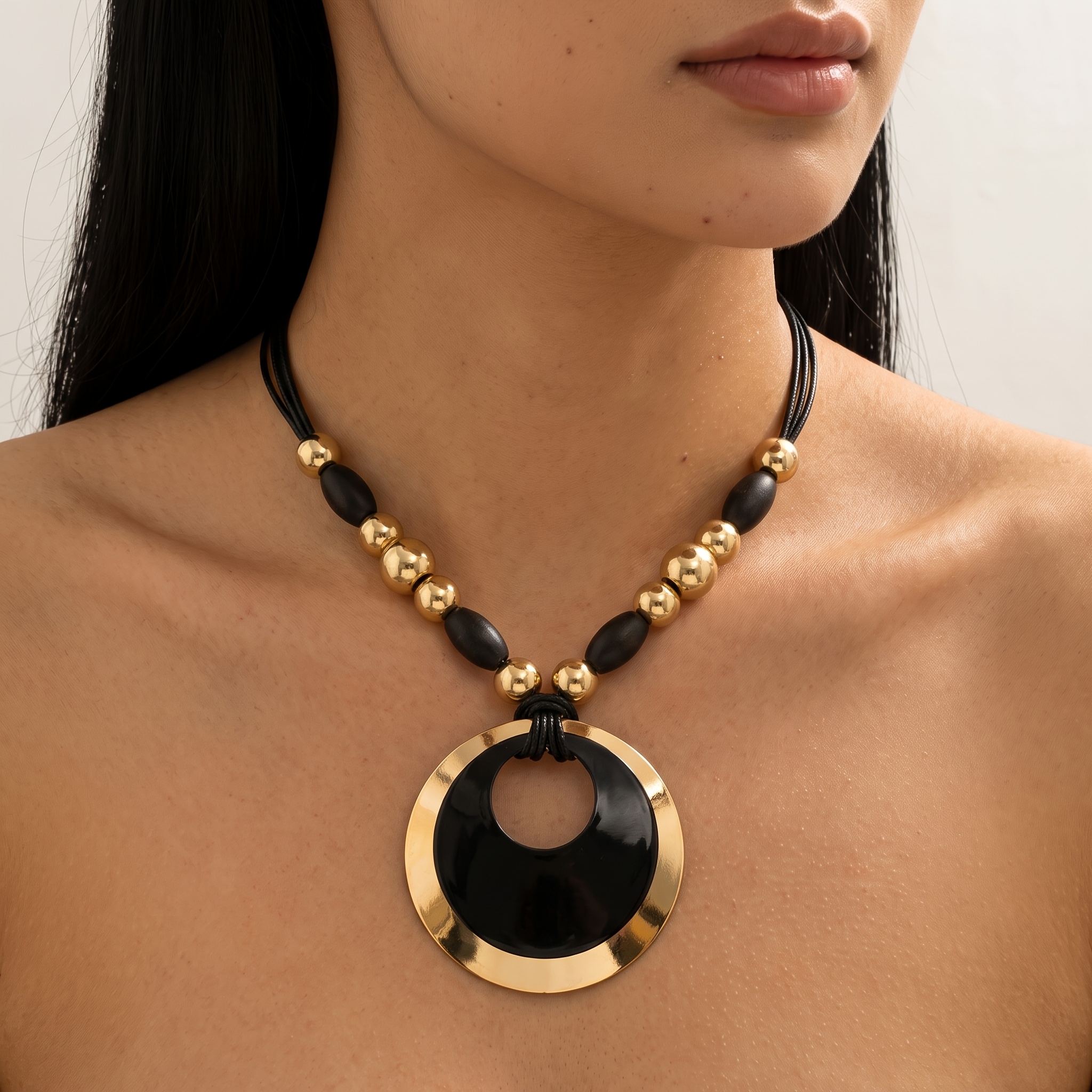 TEMU 1pc Women's Cord Beaded Necklace With Spliced Oval Beads And Contrasting Color Double-layer Hollow-out Ring Pendant, Vintage Style Collarbone