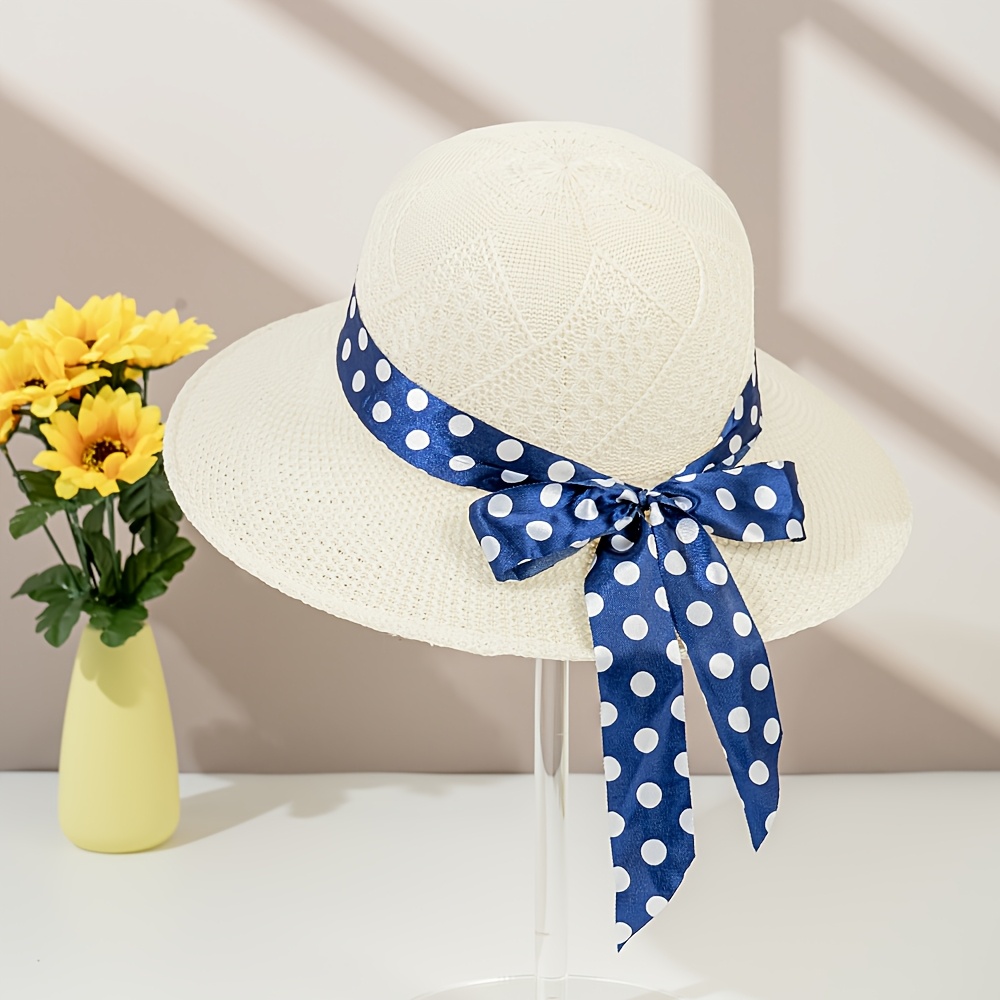 TEMU 1pc Fashionable And Versatile Summer Women's Sun Hat, With Polka Dot Ribbon, Beach Hat, Foldable Sun Hat