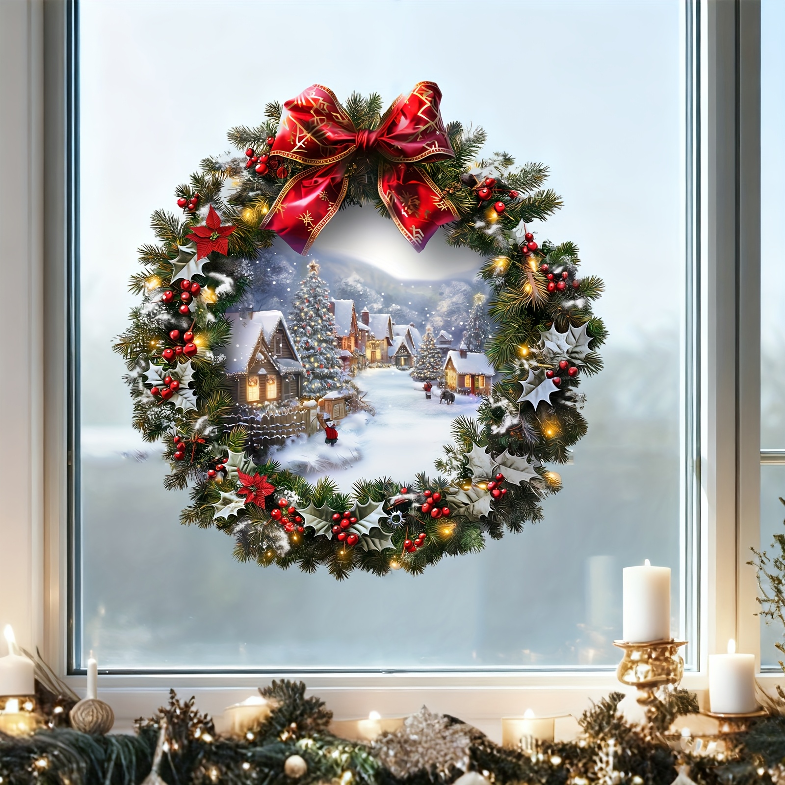 TEMU 1pc Of Winter-themed Christmas Window Stickers Featuring A Snow Scene With A Christmas Wreath And Cottage Design. Are Holiday Decorations,