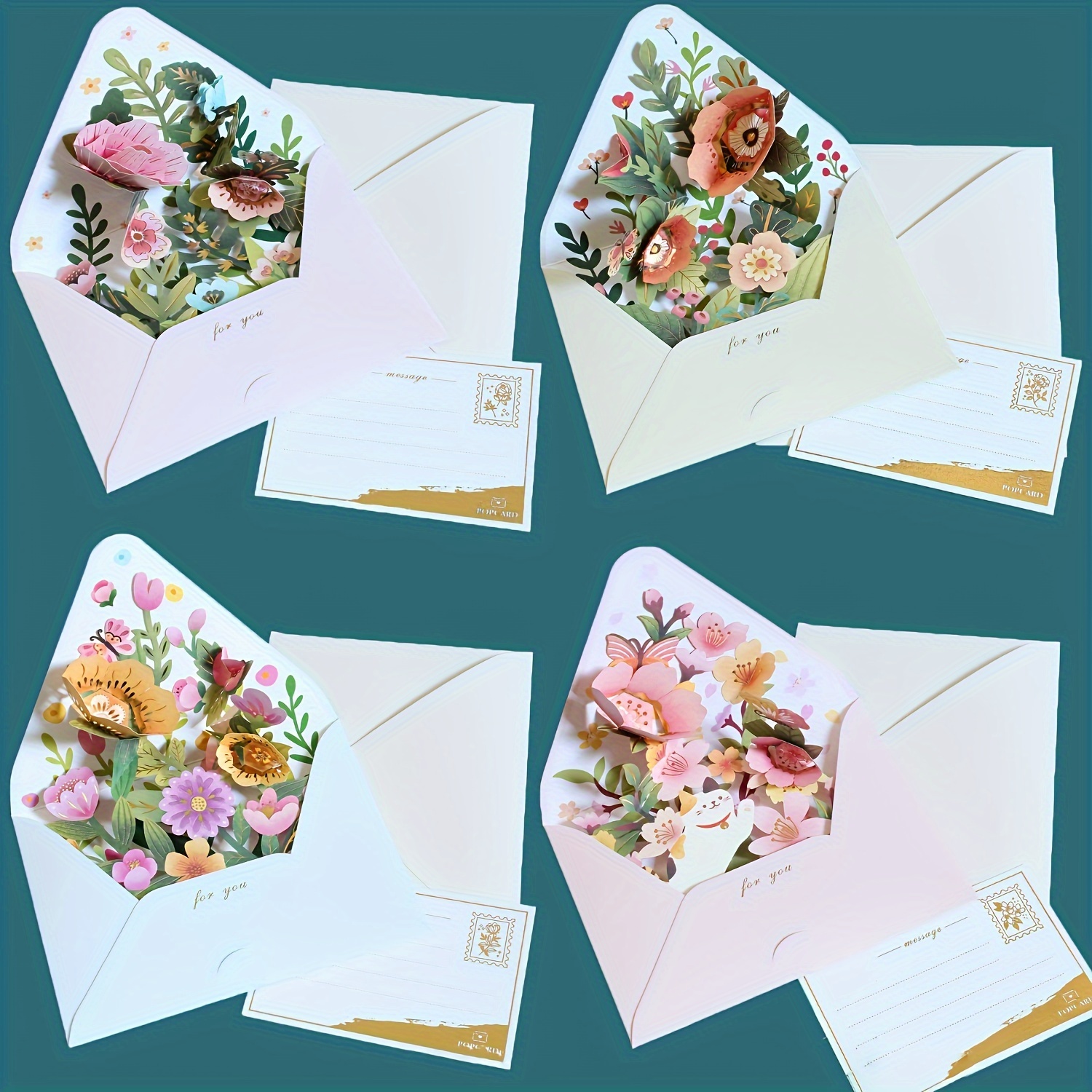 

4 Pcs Pop Up Cards Set: 3d Flowers Greeting Cards With Envelope And Tag - Perfect For Birthday, Anniversary, Thanksgiving, Mother's Day, Father's Day, Get Well, And All Occasions