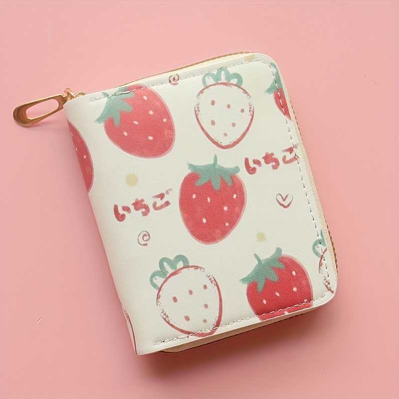 TEMU 1pc Cute Strawberry Printed Short Zipper Wallet, Girls Casual Portable Coins Purse With Large Capacity, Perfect Gift For Teacher's Day, Valentine's Day, Birthday, Christmas, Father's Day