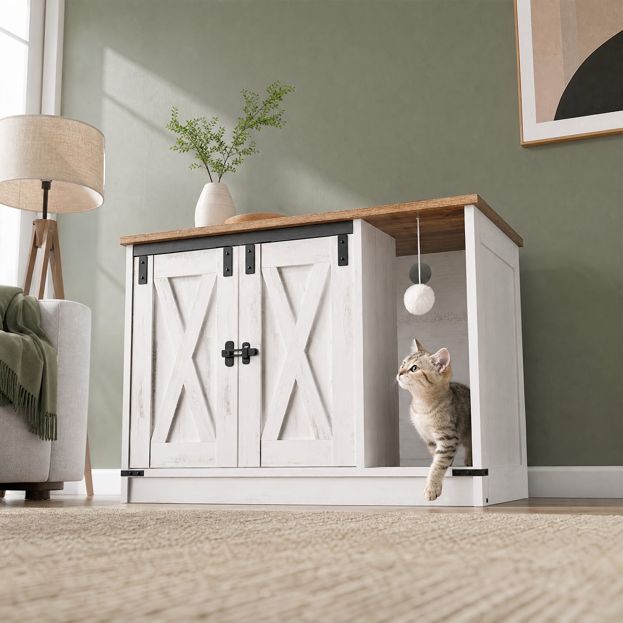 Image of This Farmhouse-style Concealed Cat Litter Box Combines A Cat House Sideboard With A Rustic Home Decor, Featuring A Barn Door Design, Making It Suitable For Use In Bedrooms And