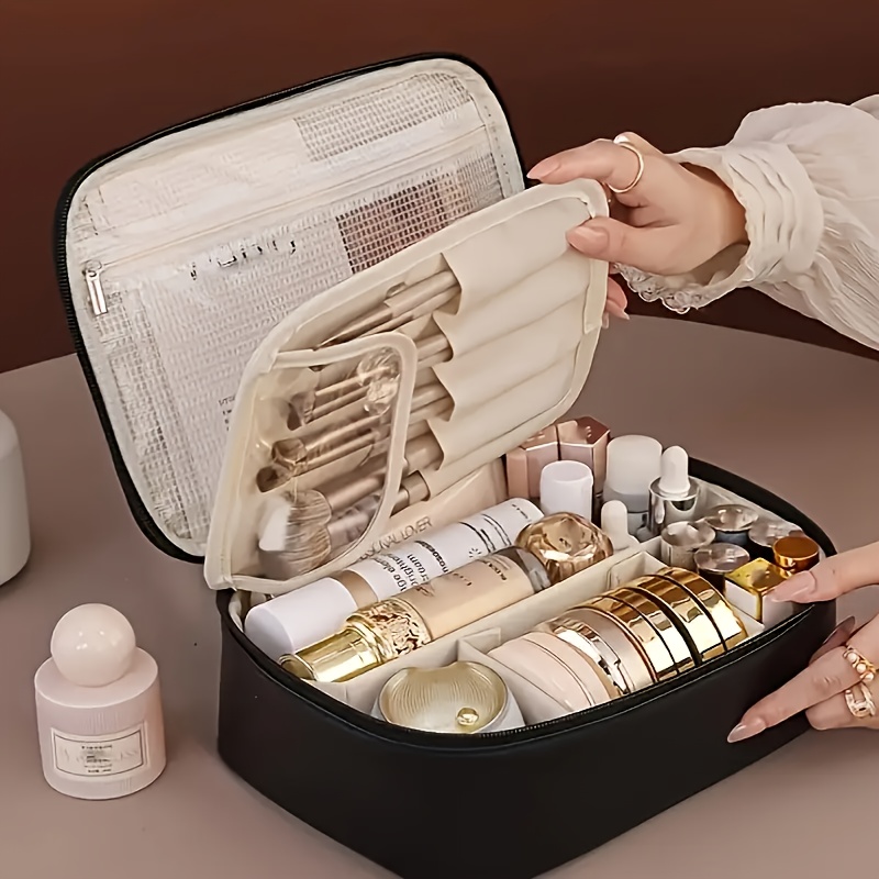 large-capacity multi-tier cosmetic organizer case with detachable brush storage - synthetic leather-like texture makeup bag with golden-tone hardware, beige & black travel beauty storage box with multiple compartments & top opening - unisex portable organizer for  ,   makeup organizer for daily use or travel, durable & stylish design with golden-tone hardware & zippered closure, makeup organizers and storage, colorful cosmetic bag, Product details 1